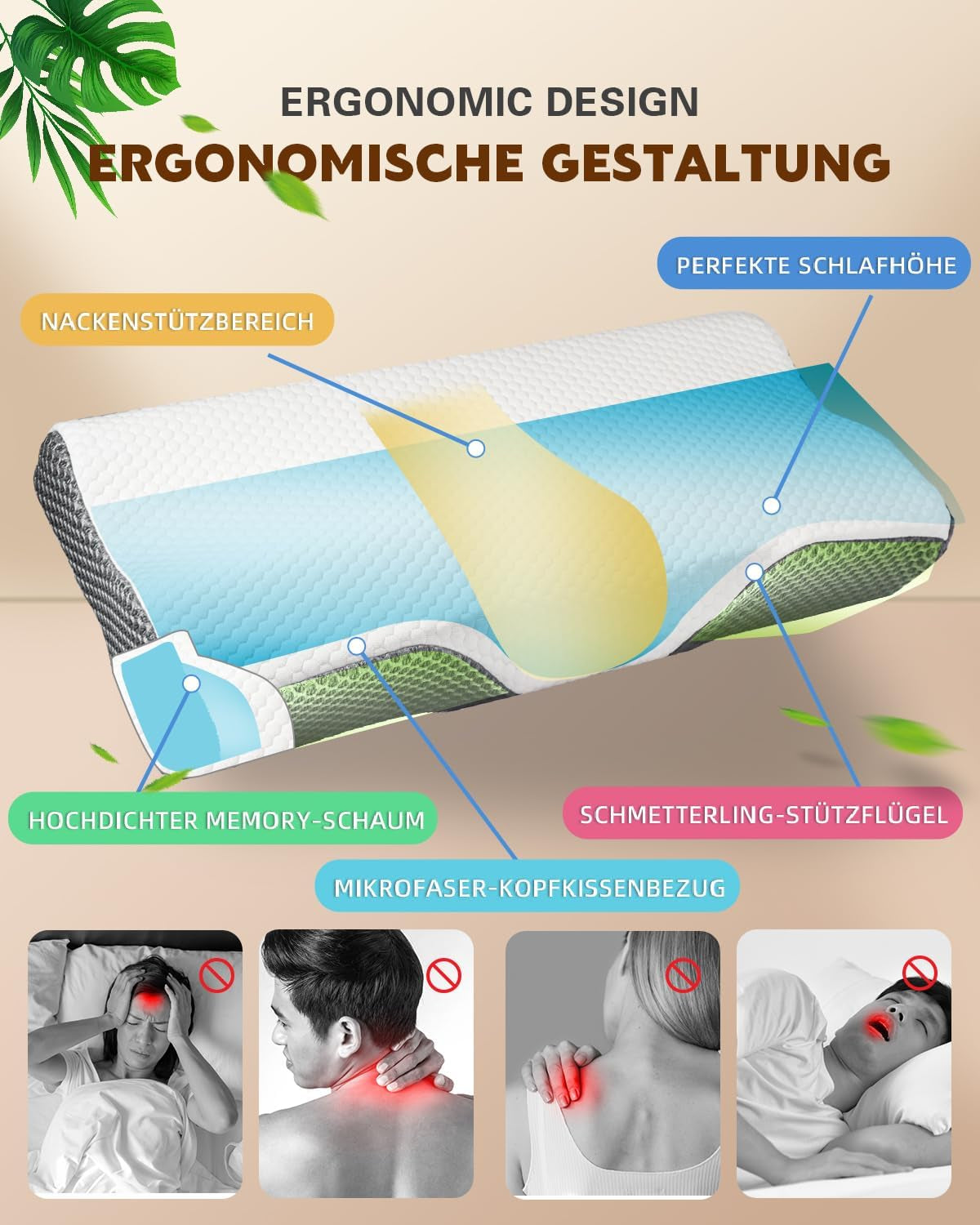 Nackenschmerzkissen, ergonomisches orthopädisches Nackenkissen, seitliches Rücken-Bauchkissen aus Memory-Schaum, Anti-Schnarch-Kissen für Männer und Frauen (62 x 34,5 x 12/8 cm). Orthopädische Nackenkissen von Naty Shop