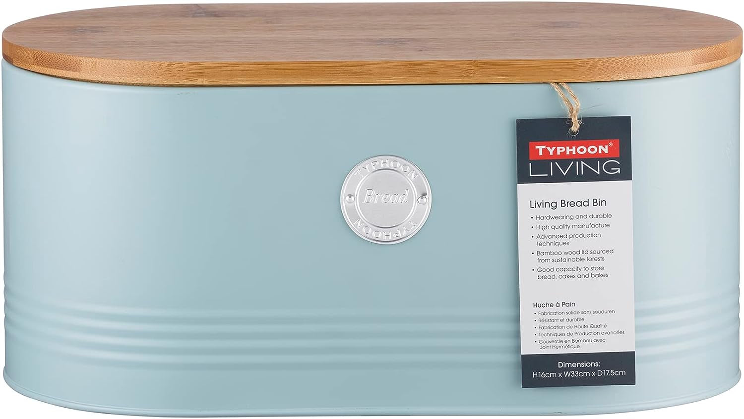 , Brotkorb „Living“ aus cremefarbenem Edelstahl mit Bambusdeckel, cremefarbene Aufbewahrungsboxen für Lebensmittel von Naty Shop, hellblaues Brot