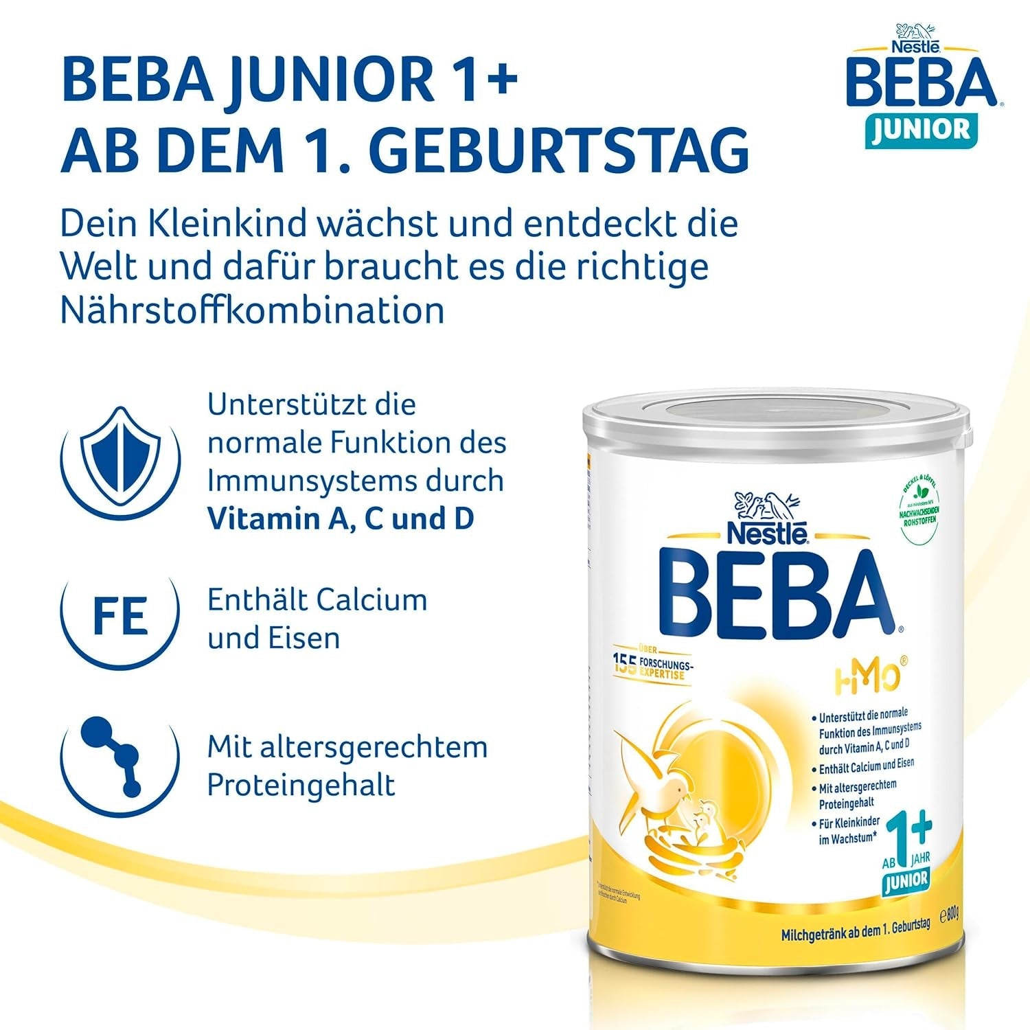 BEBA Junior 1+ Milchgetränk ab 1 Jahr, Mit HMO, Altersgerechter Proteingehalt, Nur Laktose, Ohne Palmöl, Ohne Fischöl, Kleinkindnahrung, Babymilchpulver, 3er Pack (3 x 800g)