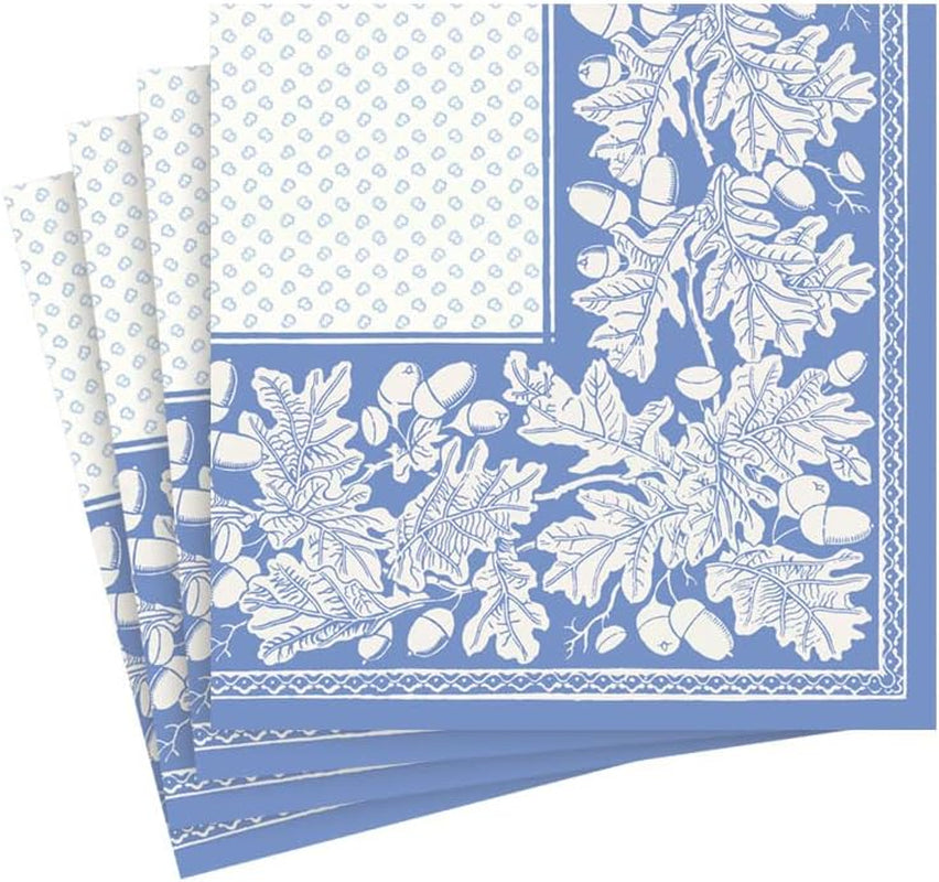 Cocktailservietten, Eichenblatt und Eichel, Leinen, Französisches Blau und Weiß, 15 pro Packung