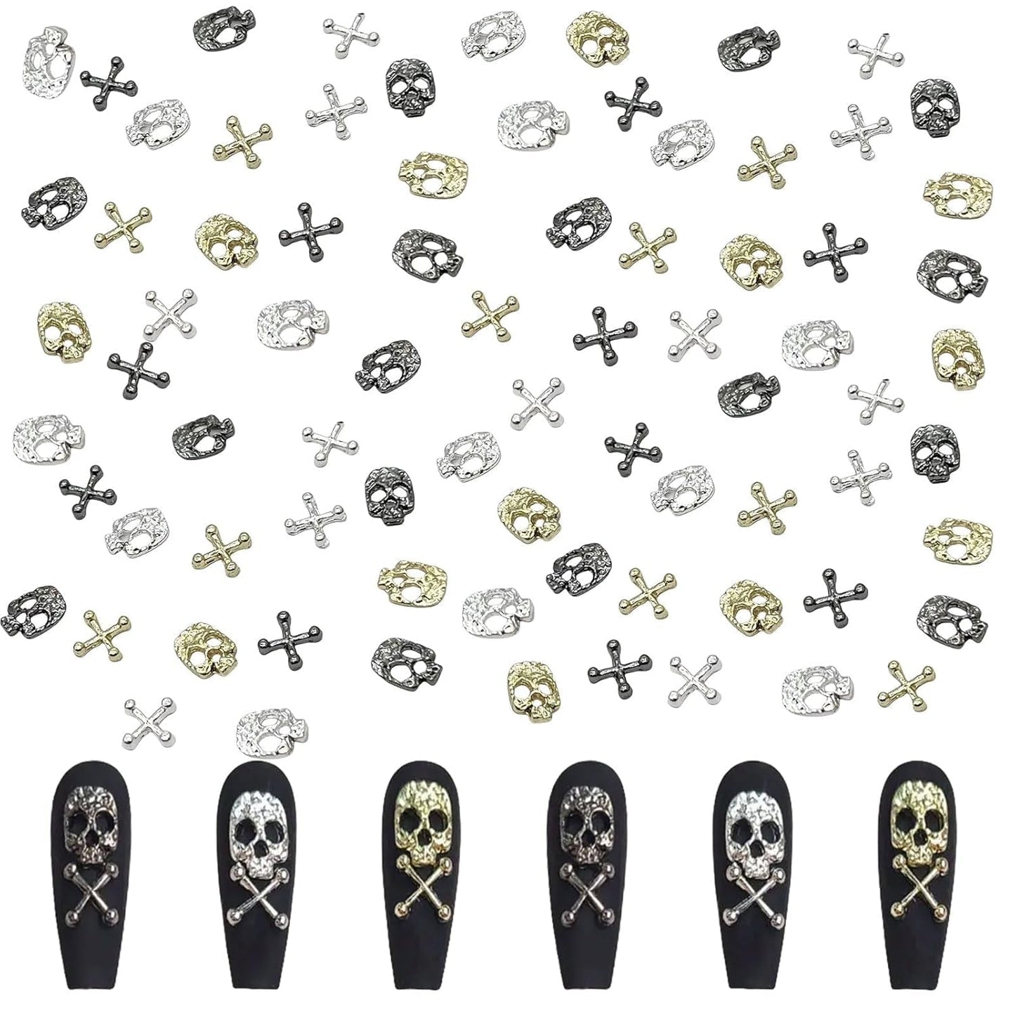 120 Stück Kreuzschädel Nail Art Dekorationen Set Gold Silber Metall Nail Art Charms Punk Legierung Nail Art Schmuck Funkelnde Steine ​​Zubehör