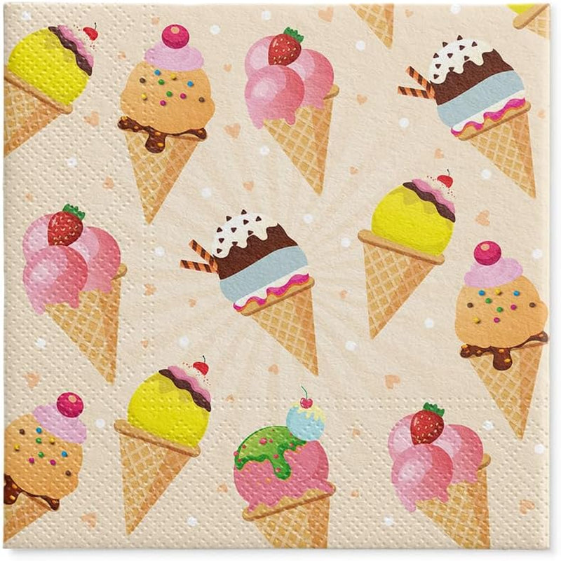 PAW – 3-lagige Servietten (33 x 33 cm) I 20 Stück I Perfekt für Partys, Geburtstage, Feiertage I Tischdekoration für Kinderfeste – Bunte Motiv-Papierservietten – Eiscreme I Eiscreme