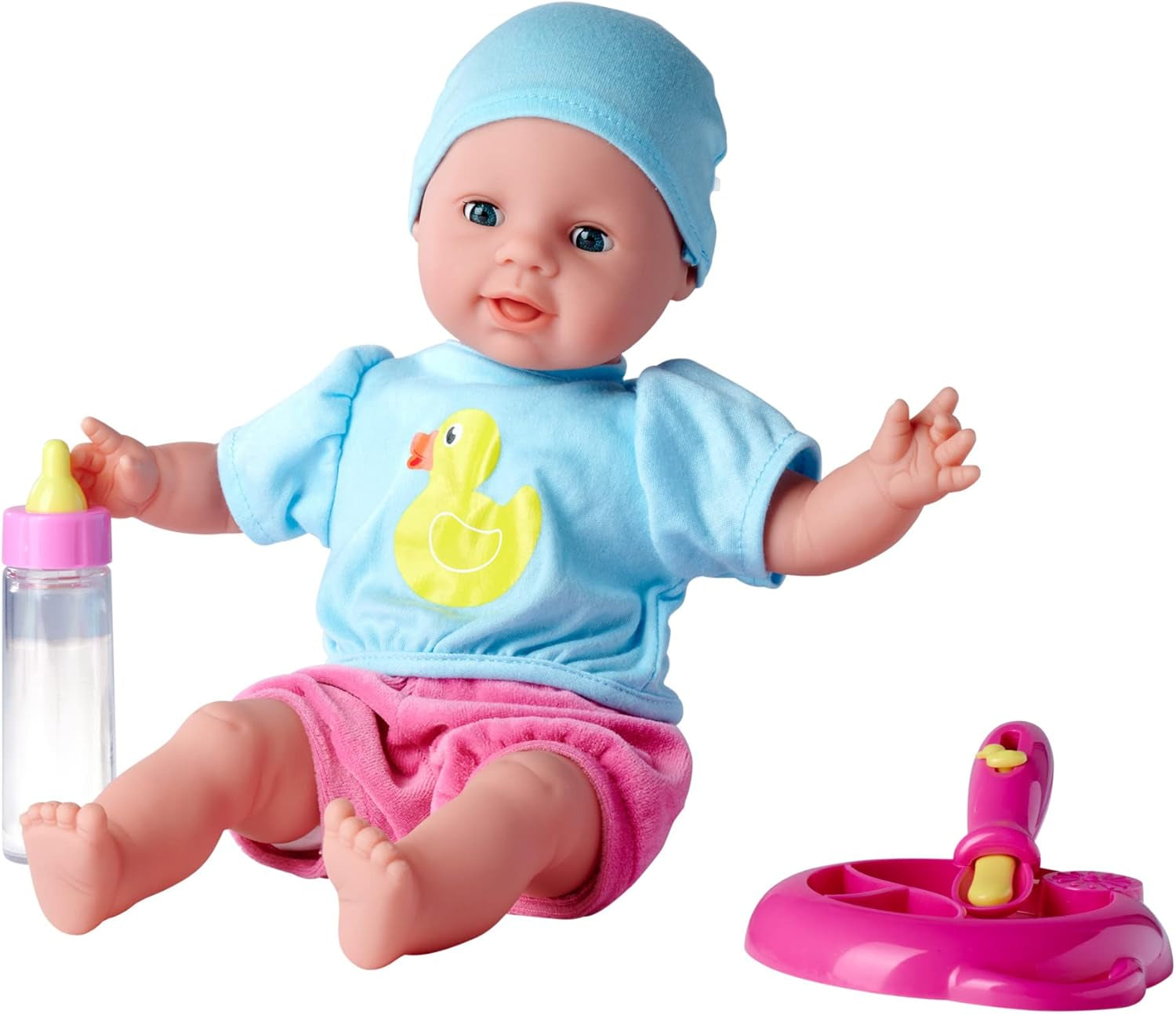 Simba 105010964 – Laura Hungry Kuschelpuppe mit Schnuller, Zauberlöffel, verschwindender Flasche und Teller, 38 cm, Babypuppe für Kinder ab 2 Jahren