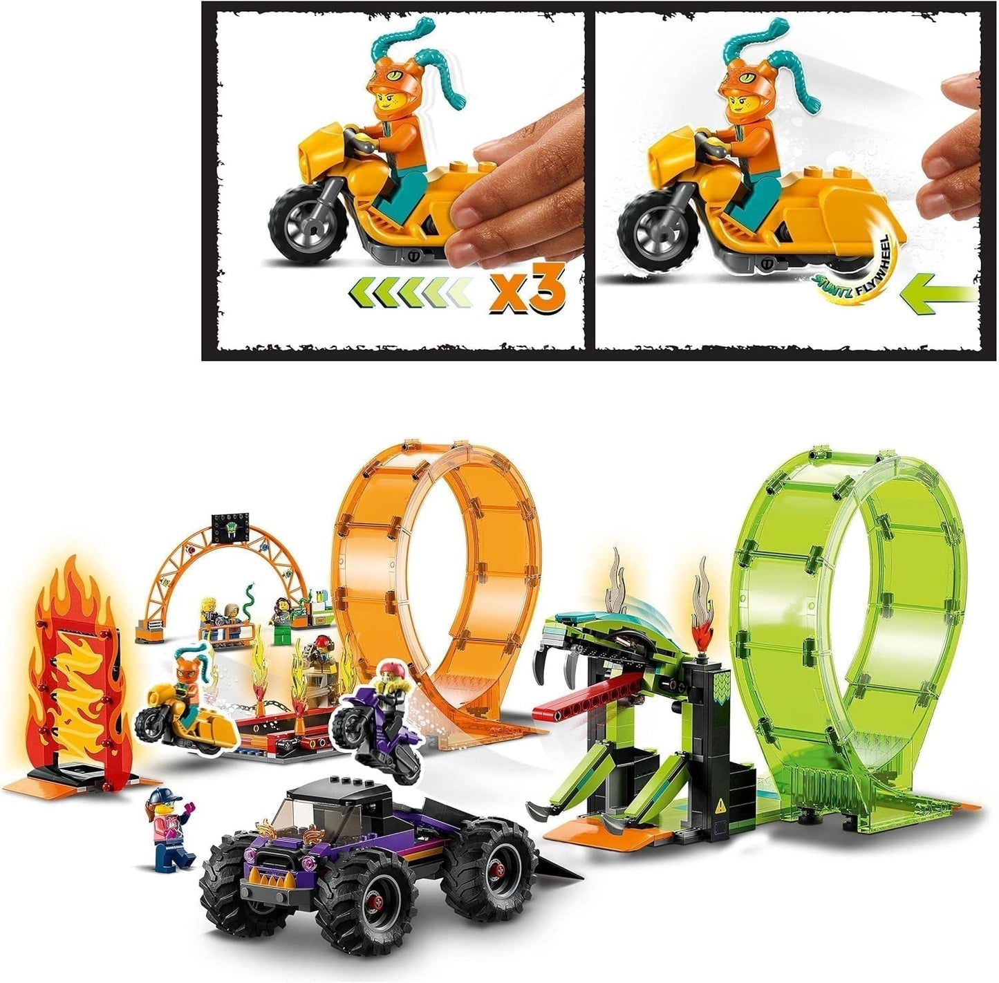 LEGO 60339 City Stuntz Stuntz Show Doppellooping-Set, inkl. Rampe, Monstertruck, 2X Motorrad und 7 Minifiguren, Spielzeug für Kinder ab 7 Jahren Bausets Besuche den LEGO-Store