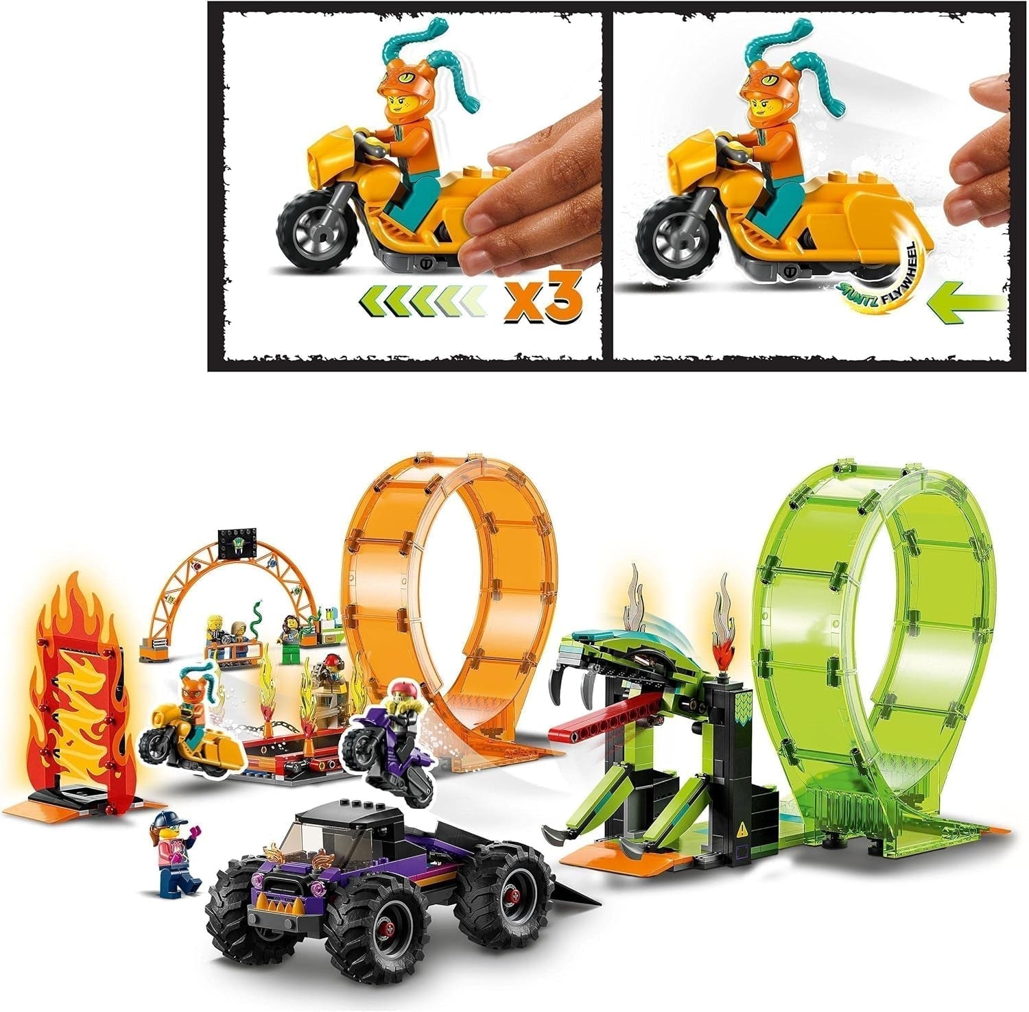 LEGO 60339 City Stuntz Stuntz Show Doppellooping-Set, inkl. Rampe, Monstertruck, 2X Motorrad und 7 Minifiguren, Spielzeug für Kinder ab 7 Jahren Bausets Besuche den LEGO-Store