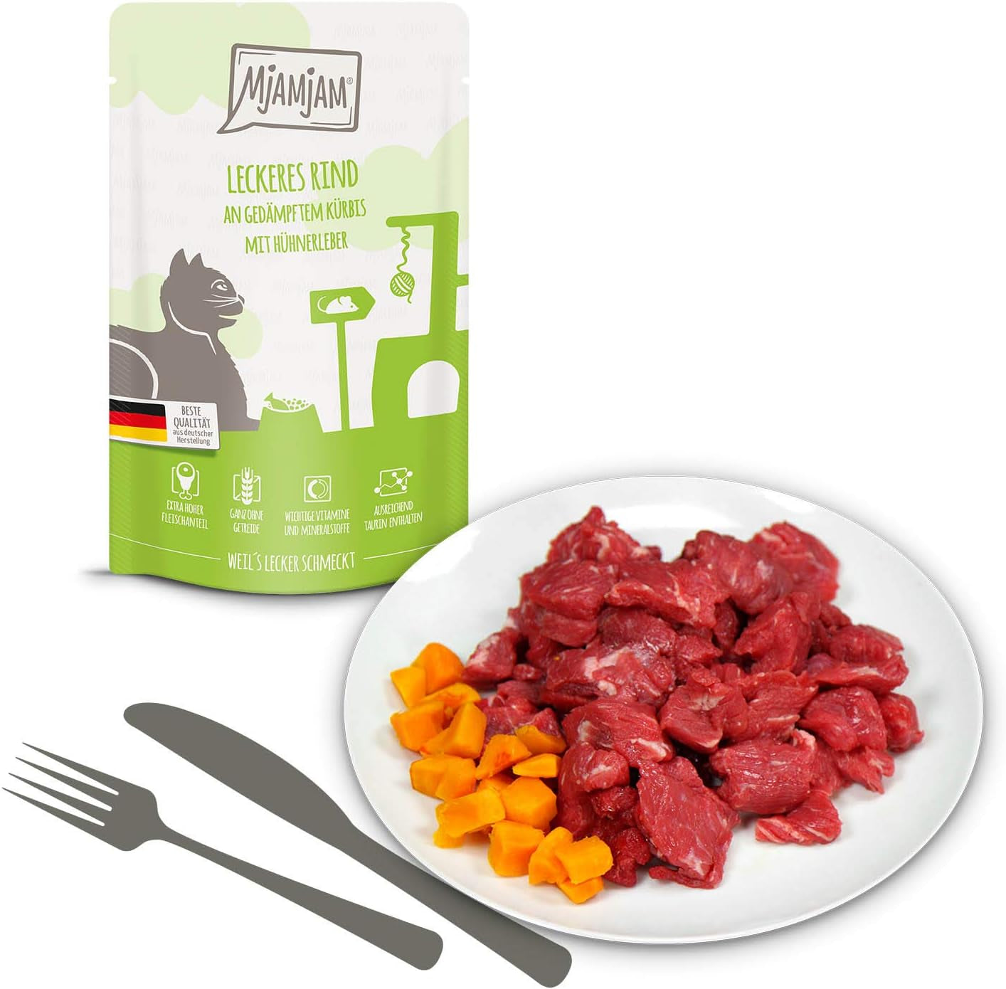 MjAMjAM – Premium-Nassfutter für Katzen – Mischpackung I – Huhn, Rind, Herzen, 12er-Pack (12 x 125 g), getreidefrei mit extra Fleisch