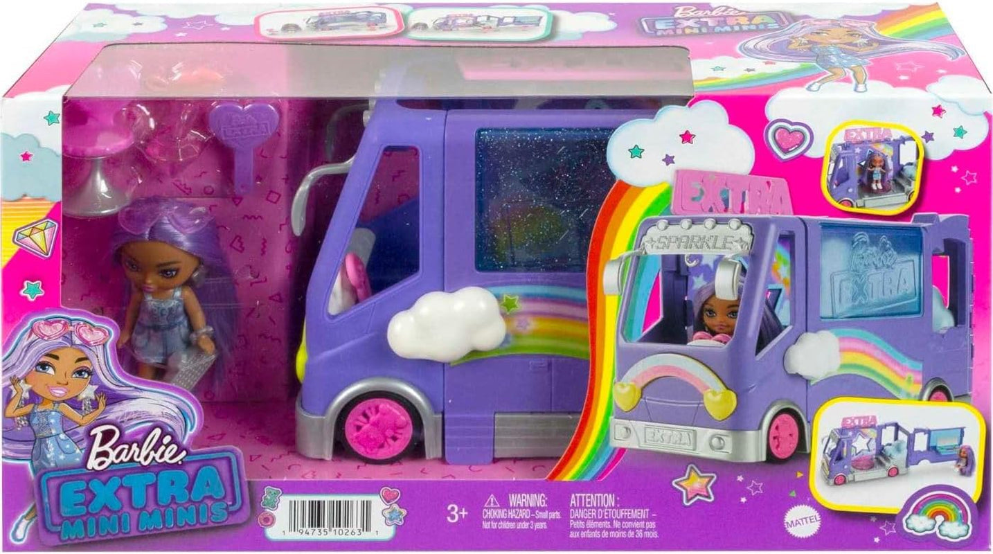 Barbie Extra Mini Minis Puppe, Extra Mini Minis Puppe mit extra glitzerndem Touring Van, inklusive Make-up-Station und Showzubehör, Kindergeschenk, Spielzeug für Kinder ab 3 Jahren, HKF84