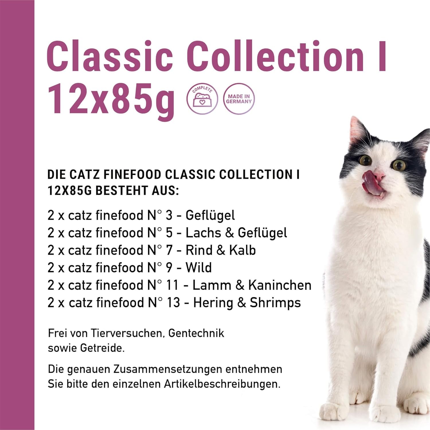 Catz Finefood Classic Collection Mixed Pack Nassfutter für Katzen – Gourmet-Nassfutter für Ihre Katze, getreide- und zuckerfrei, mit hohem Fleischanteil, 24 Beutel x 85 g