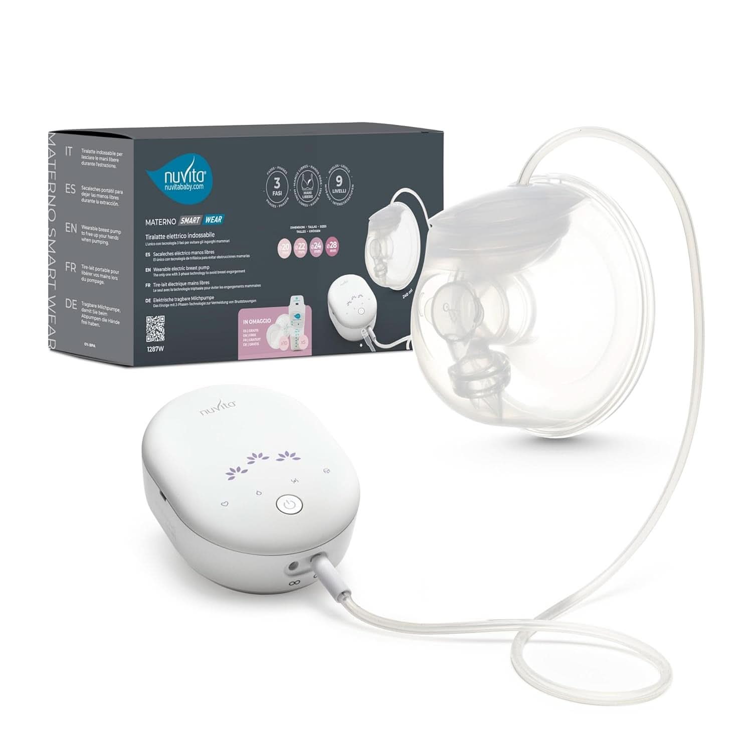 Nuvita Materno Smart Wear 1287W – Freihändige tragbare elektrische Milchpumpe – 3-Phasen-Technologie, anpassbar, tragbar, Doppelmilchpumpen-Umrüstsatz verfügbar. Zubehör Essen und Stillen Bebe Naty Shop