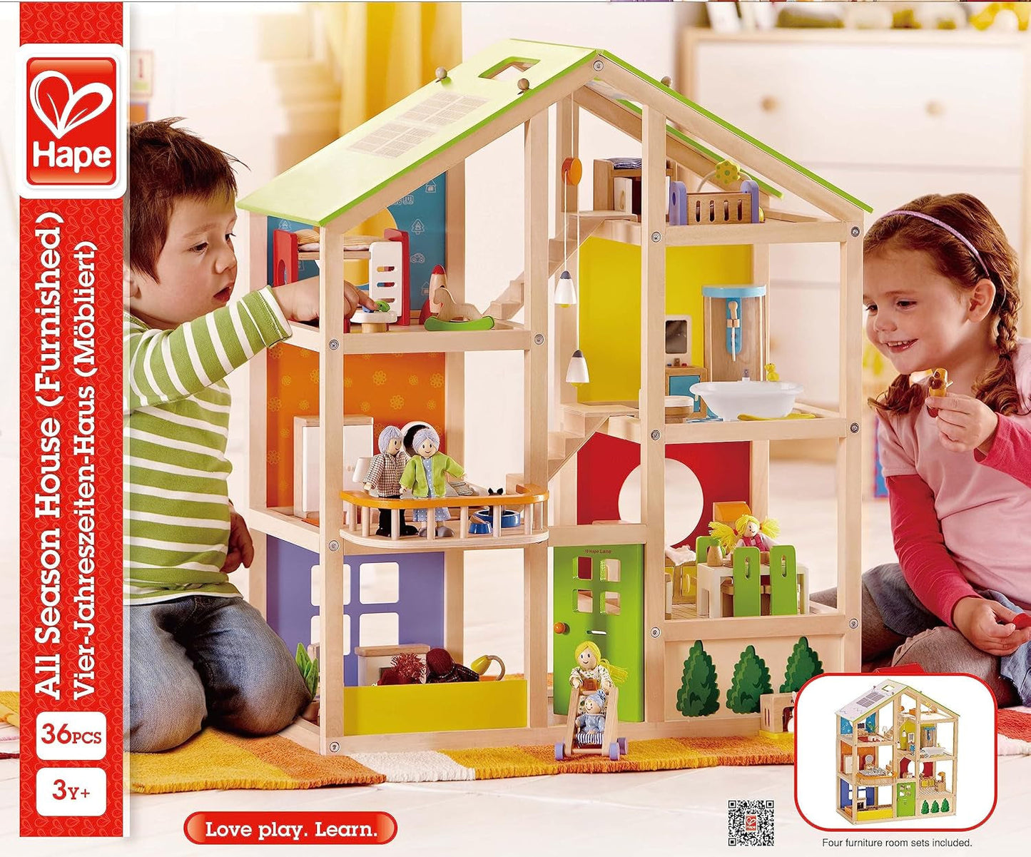 Hape Four Seasons Puppenhaus aus Holz. Preisgekröntes dreistöckiges Puppenhaus mit Möbeln, Zubehör, beweglicher Treppe und umkehrbarem Dach für jede Jahreszeit. Puppenhäuser Naty Shop
