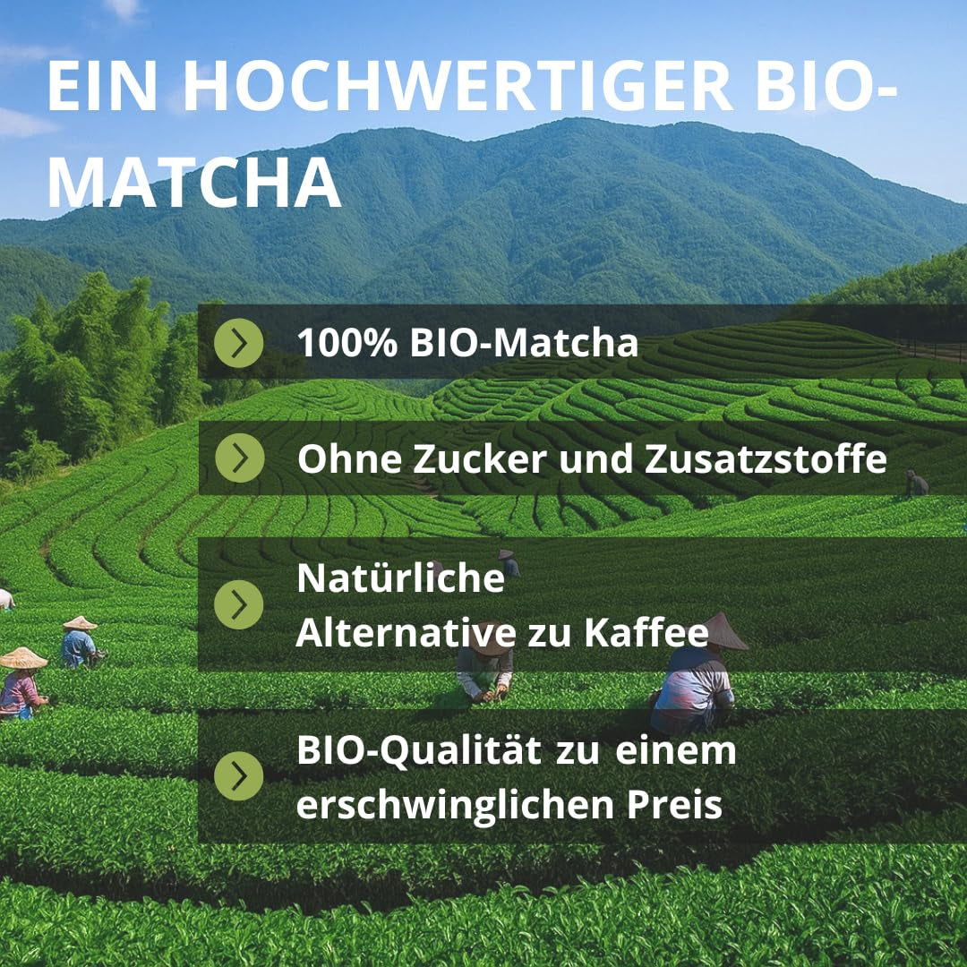 | Matcha Bio-Pulver 100 g | Grüntee-Matcha-Pulver in Zeremonienqualität | 100 % natürlich und hochwertig | Entgiftender Tee | Kompatibel mit Matcha-Set, Stiel, Schale und Glas.