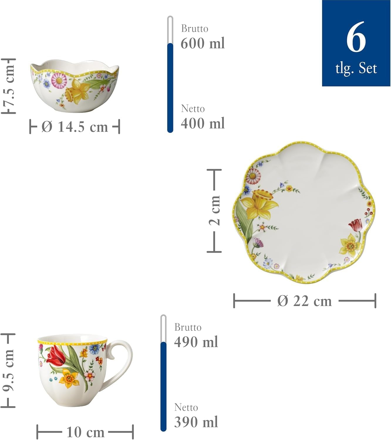 Villeroy & Boch - Frühlingserwachen Frühstücksset für 2, 6-teilig, Ostergeschirr-Set, Frühstück, Ostern, Kaffeeservice, Frühlingsgeschirr, Porzellan
