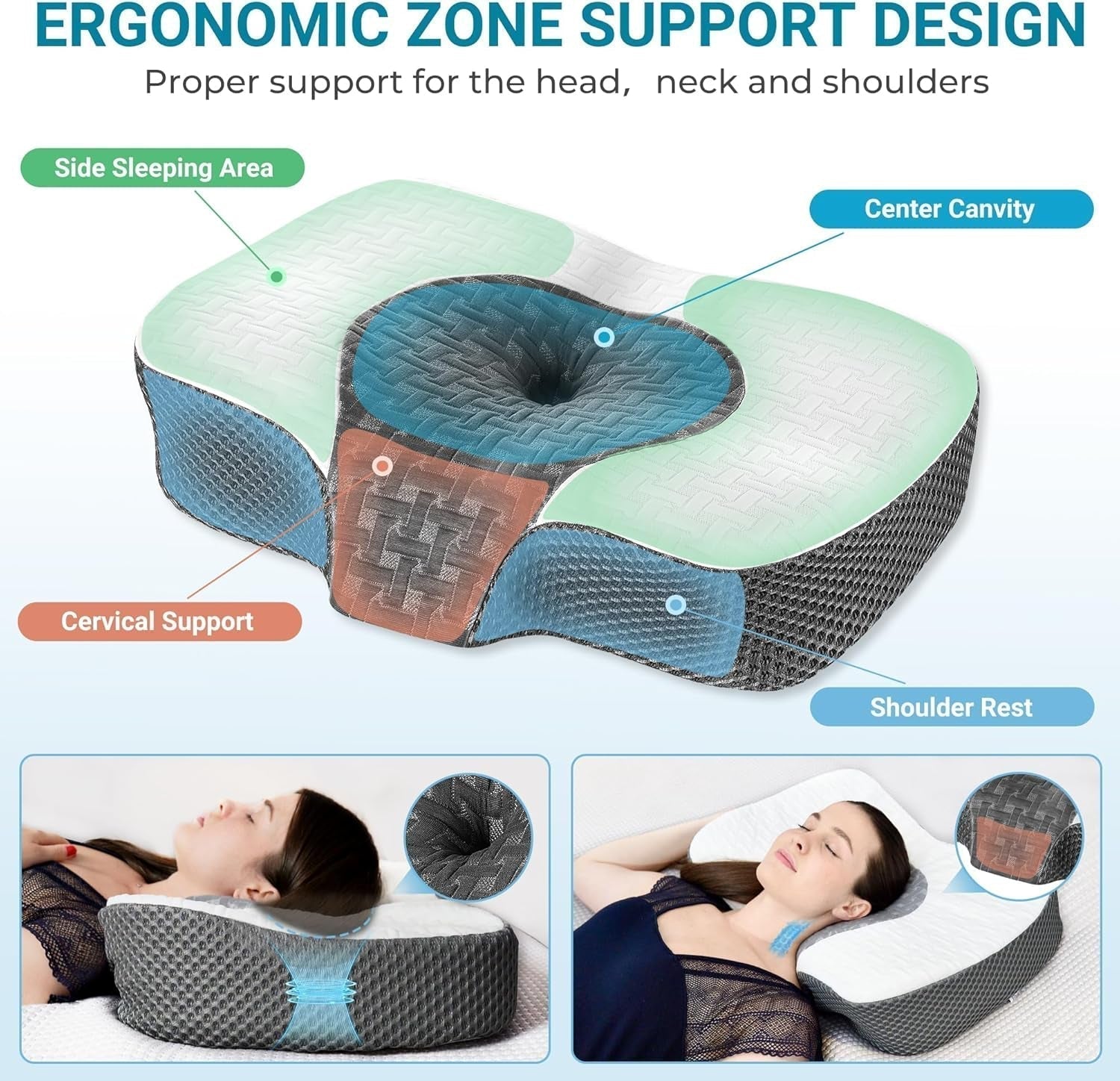 Elviros orthopädisches Kissen aus Memory-Schaum, Nackenschmerzkissen, Schlafkissen, ergonomisches Nackenkissen, Nackenstützkissen, Anti-Schnarch-Kissen für Seitenschläfer, Bauchschläfer, weiß, orthopädische Nackenkissen, Naty Shop