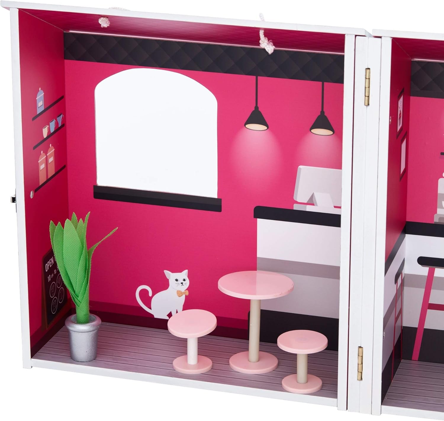 Teamson Kids – Dreamland City Café Puppenhaus 30 cm – Rosa/Weiß/Schwarz