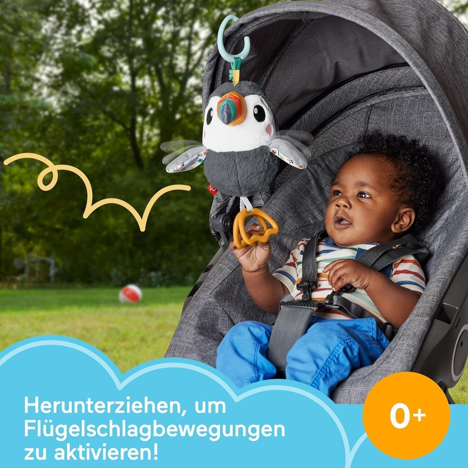 FISHER-PRICE Flap & Go Toucan – Kinderwagen-Plüschspielzeug fördert Feinmotorik und sensorische Fähigkeiten für Neugeborene ab der Geburt HNX66 Babyspielzeug Naty Shop