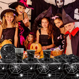 49-teiliges Halloween-Spinnen-Papierbesteckset mit Tellern, Servietten, Gläsern und Tischdecke. Schwarzes Geschirrset mit Desserttellern, Servietten und Gläsern.