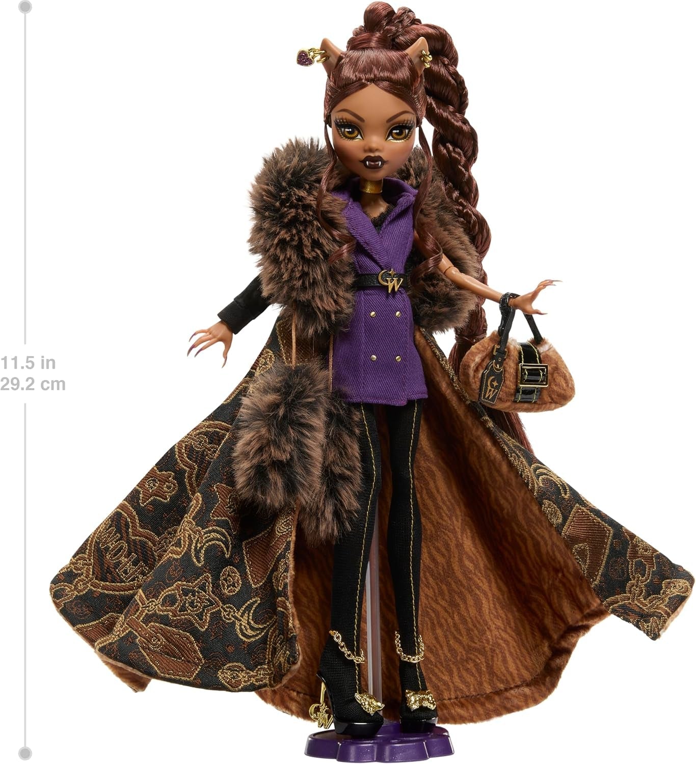 Monster High Doll House of Wolves Clawdeen Wolf Sammelfigur mit Kunstpelz-Jacquard-Mantel, lila Jacke, Kleid, goldenen Hosen und Accessoires JDR66