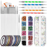 FANDAMEI Nail Art Pinsel Set, 15 Stücke Pinsel Für Gelnägel Nagel Pinsel, 5 Stücke Gepunkteter Stift, 10 Rolle Streifenband Nägel, Strasssteine ​​​​Nägel, Ultra Dünne Nagel Pailletten Für Nagelkunst Maniküre Set