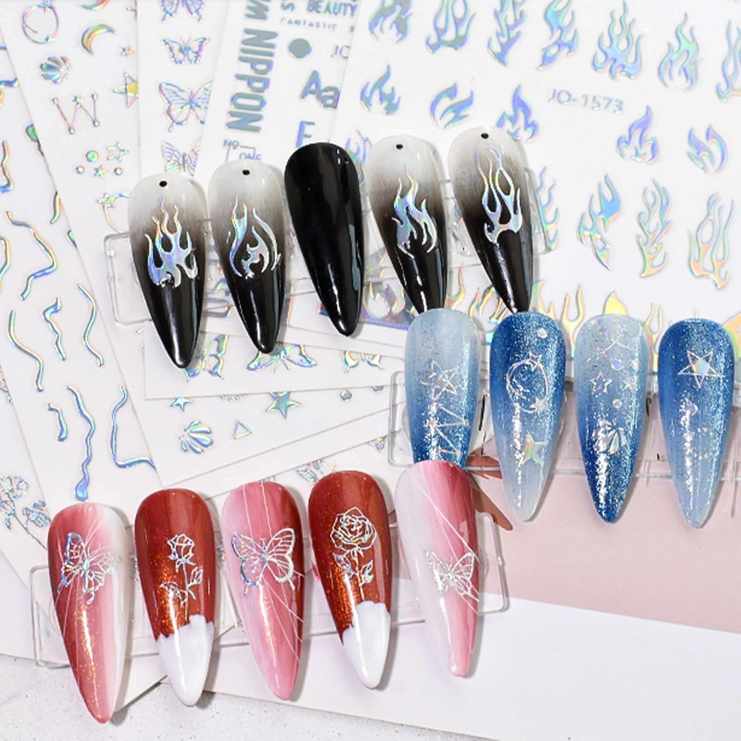 JMEOWIO Nagelsticker Aurora Holografisch 9 Blatt Nagelaufkleber Selbstklebend Herz-Flamme Spielt Schmetterlings-Mond Die Steuern Nail Art Sticker Dekoration Nageldesign Zubehör