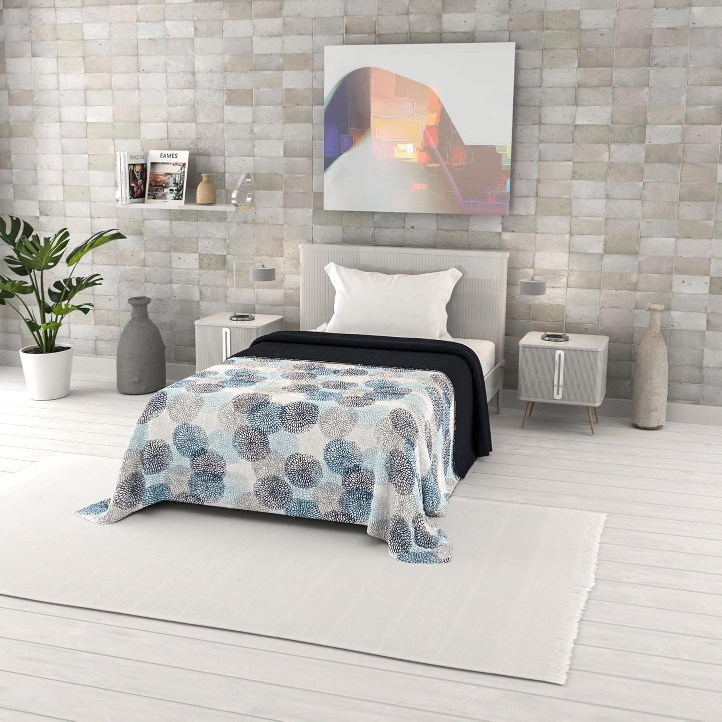 Fantasiebedruckte Sommerdecke, Polyesterfüllung, Blütenblätter, 260 x 270 cm. Steppdecken und Steppdecken Naty Shop Soffioni Blu 170 x 270 cm
