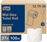 Tork 127530 Hochwertiges, weiches Midi-Toilettenpapier für Tork T6 Doppelrollen-Toilettenpapierspender / 2-lagiges, reißfestes, weiches Toilettenpapier, 27er-Pack (27 x 100 Meter)
