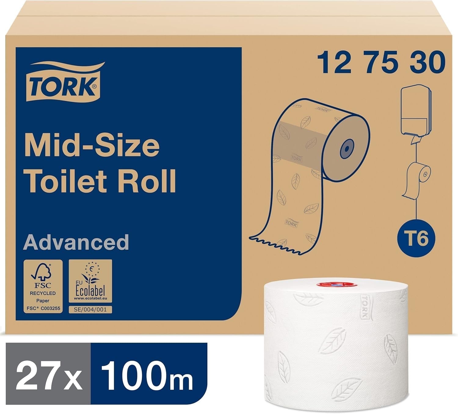 Tork 127530 Hochwertiges, weiches Midi-Toilettenpapier für Tork T6 Doppelrollen-Toilettenpapierspender / 2-lagiges, reißfestes, weiches Toilettenpapier, 27er-Pack (27 x 100 Meter)