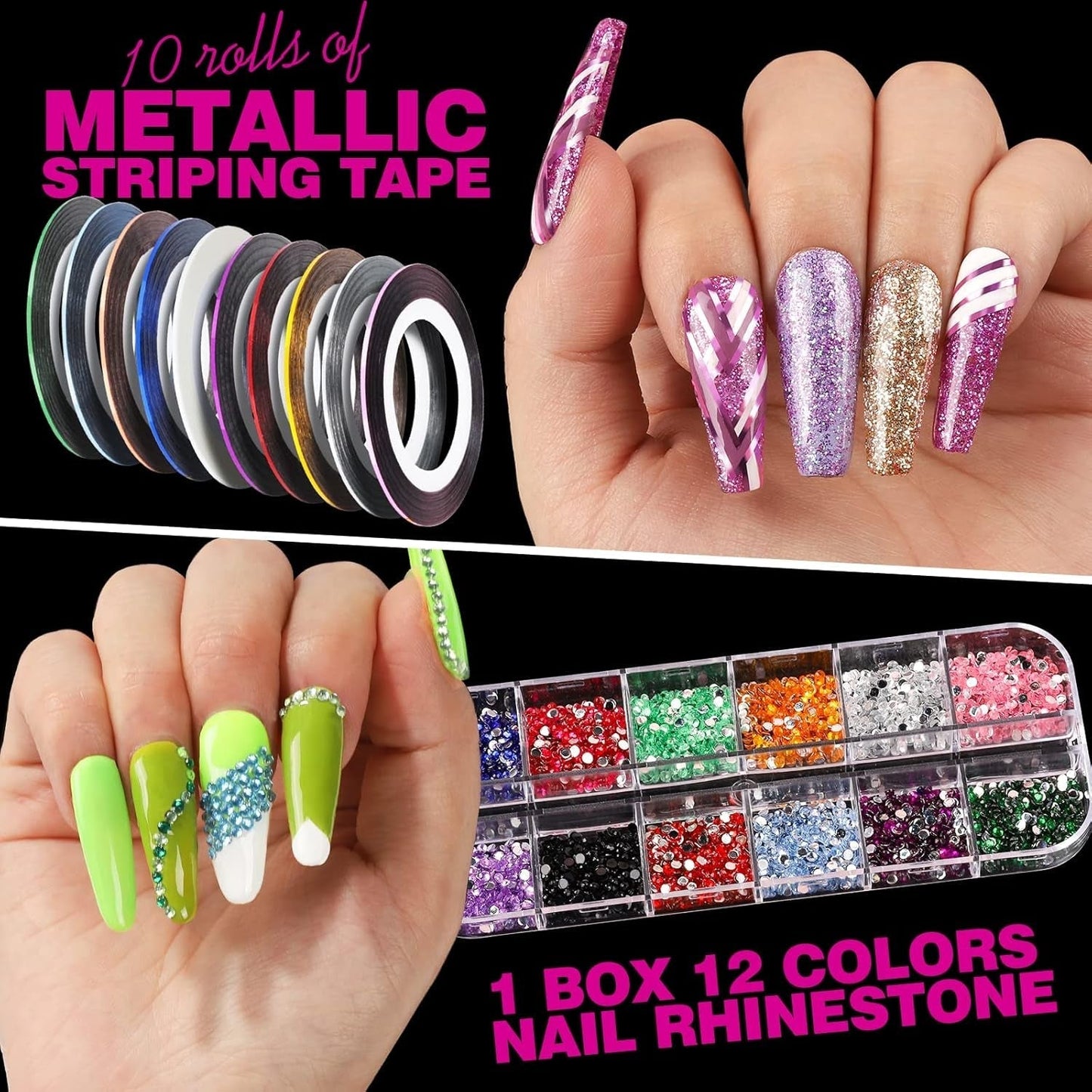 FANDAMEI 54 Blätter Wassertransfer Nagelsticker & Nail Art Pinsel Set, Dotted Pens, Blattgold Für Nagelkunst, Streifenband, Strasssteine, Werkzeug Und Dekorationen Set Für Nagelkunst Maniküre Set