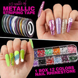 FANDAMEI 54 Blätter Wassertransfer Nagelsticker & Nail Art Pinsel Set, Dotted Pens, Blattgold Für Nagelkunst, Streifenband, Strasssteine, Werkzeug Und Dekorationen Set Für Nagelkunst Maniküre Set