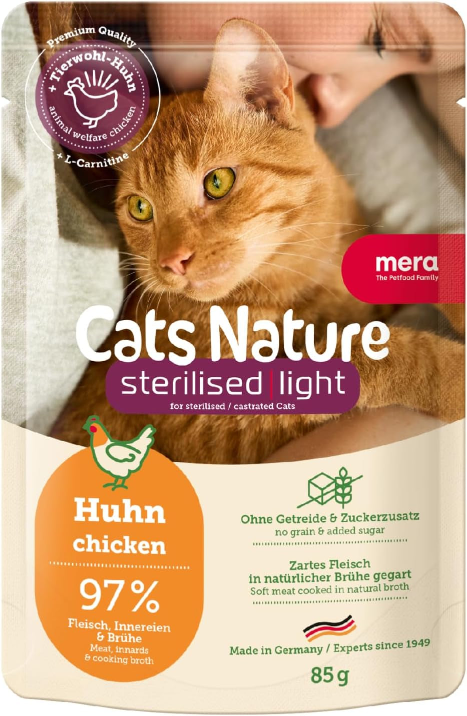 MERA Cats Nature Wet Sterilised/Light Hühnerfutter 12x85g | Für sterilisierte/kastrierte Katzen | Zucker- und getreidefrei | Fettarmes, fleischreiches Nassfutter