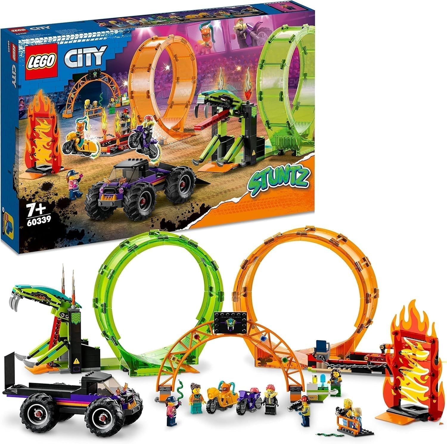 LEGO 60339 City Stuntz Stuntz Show Doppellooping-Set, inkl. Rampe, Monstertruck, 2X Motorrad und 7 Minifiguren, Spielzeug für Kinder ab 7 Jahren Bausets Besuche den LEGO-Store Single