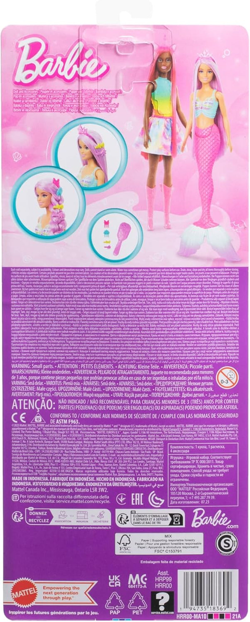 Barbie-Meerjungfrau-Puppe – mit langen rosa Haaren und individuellen Styling-Accessoires, einschließlich Bürste, hübscher Muschel und rosa Flossen, für Kinder ab 3 Jahren, HRR00 Naty Shop Dolls