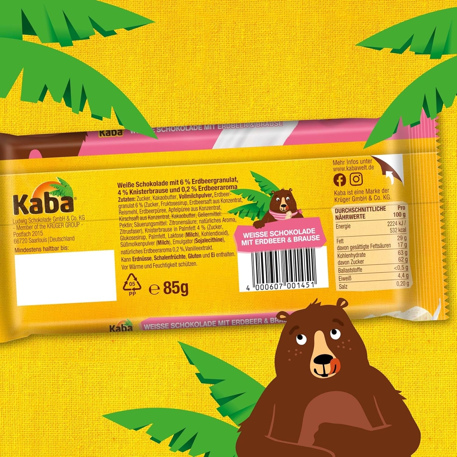 Weiße Schokolade von Kaba mit Erdbeergeschmack und Brausebonbons, Schokoriegel, Riegel 85 g, weiße Schokolade mit fruchtigem Erdbeergeschmack und Brausebonbons mit Original-Kaba-Geschmack (3er-Pack)
