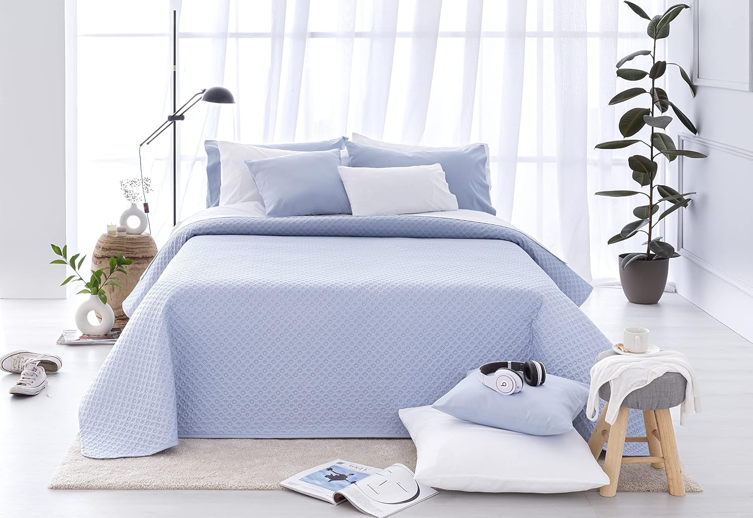 Todocama Fine Boutique Tagesdecke mit Piqué-Motiv, für Frühling, Sommer, Herbst und Winter, 100 % superweiche Mikrofaser, Multifunktionsdecke, 140/150/160-250 x 260 cm, hellgrau. Betten und Decken Beuche den Todocama-Store Hellblau 200 x 260 cm