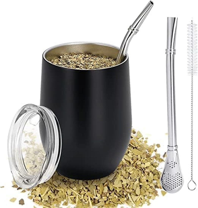 Moderner Mate-Becher 340 ml, isoliertes doppelwandiges Edelstahl-Yerba-Mate-Becher-Set, Mate-Teebecher mit BPA-freiem Deckel, Bombillas und einer Reinigungsbürste (Silber)