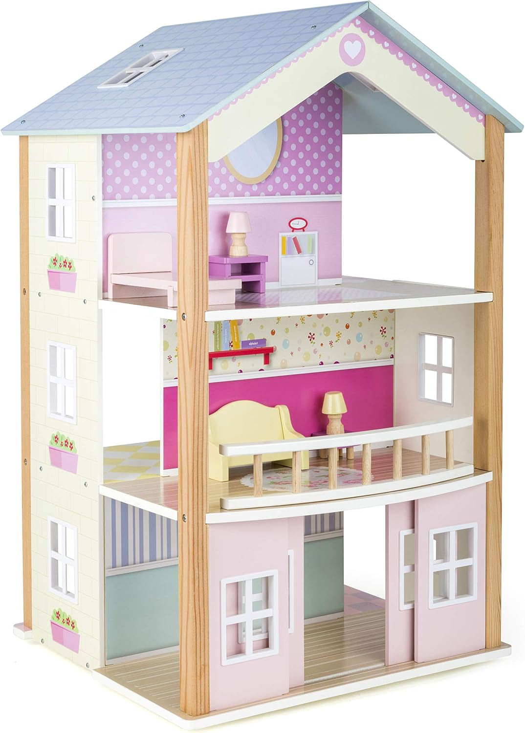 Small Foot 11192 3-stöckiges drehbares Puppenhaus aus Holz inklusive Spielzeugmöbeln, mehrfarbig, 37 x 40 x 67 cm, Naty Shop Puppenhäuser