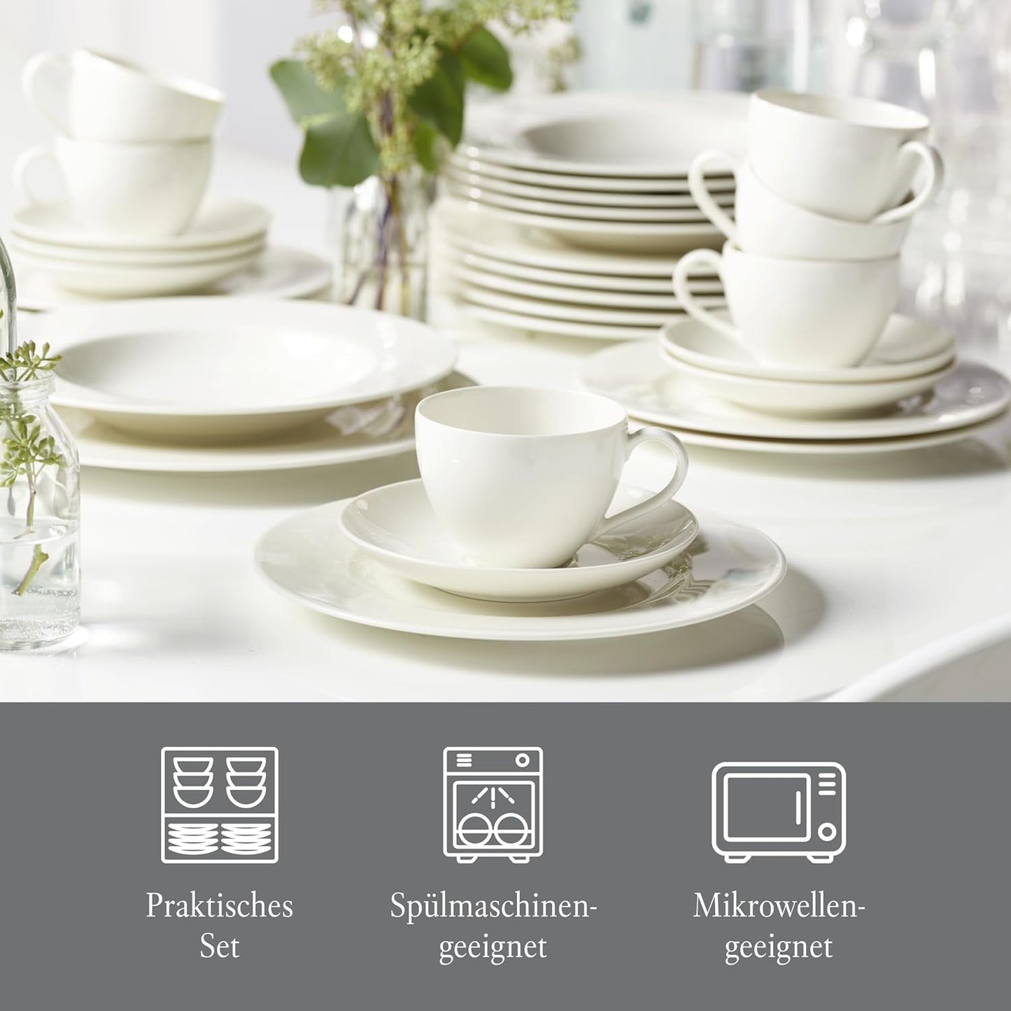 vivo - Villeroy & Boch Group - Basic White 30-teiliges Geschirrset, spülmaschinen- und mikrowellengeeignet, weißes Geschirrset, Kaffeeset, Keramik, Teller, Tassen, Premium-Porzellan