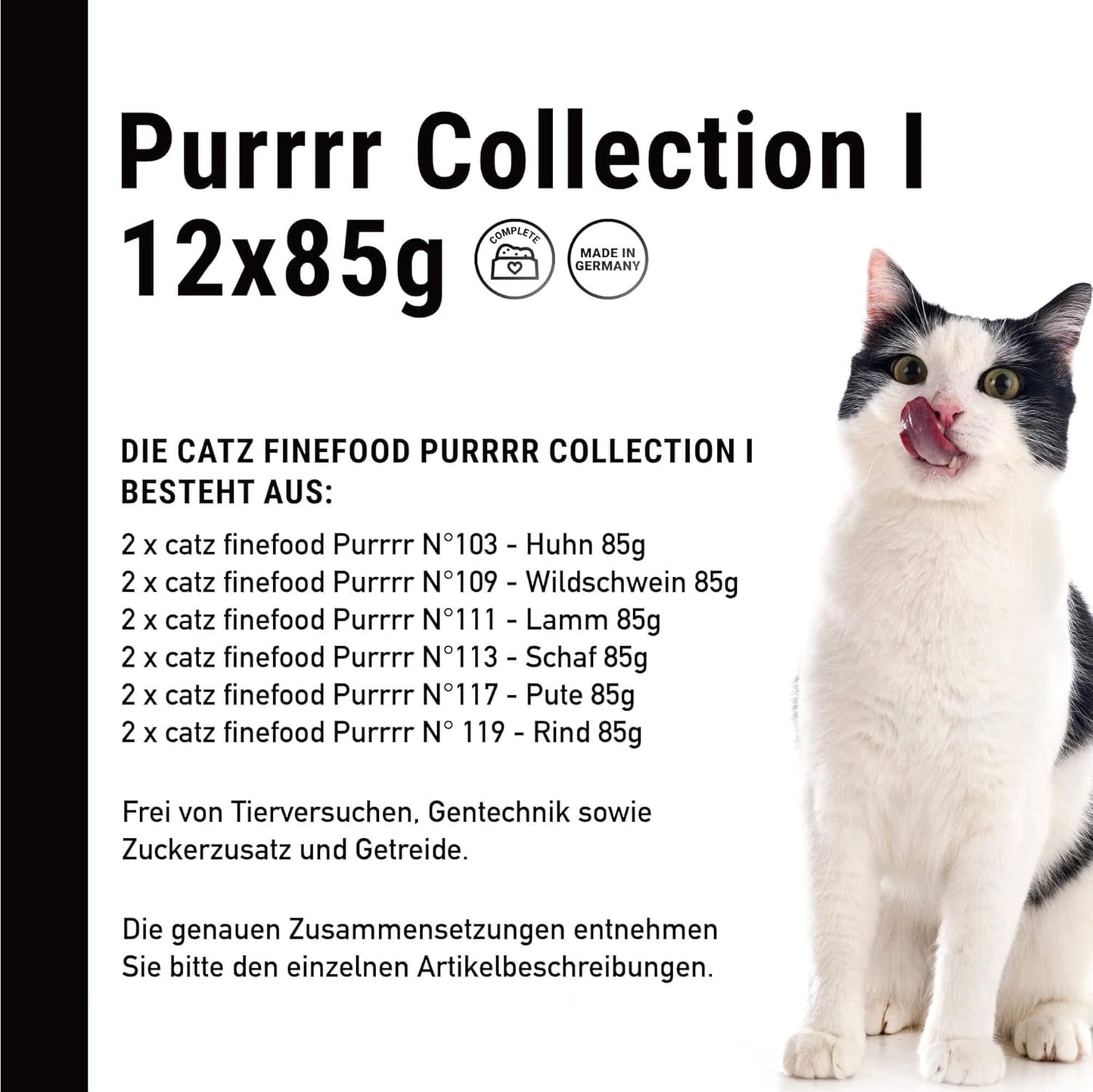 Catz Finefood Purrrr Collection I – Monoprotein-Nassfutter für Katzen – getreidefrei, zuckerfrei, hypoallergen – hoher Fleischanteil – Nassfutter für Katzen im Multipack – in Beuteln, 85 g (12 Packungen)