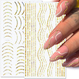 12 Blatt Laser-Glitzerlinien, selbstklebende Nagelaufkleber, holografische Aufkleber, bronzefarbene Streifen, Nagelaufkleber, französische Linie, gebogene Bögen, Wellenlinien, Nagelaufkleber, Nagelkunst-Zubehör