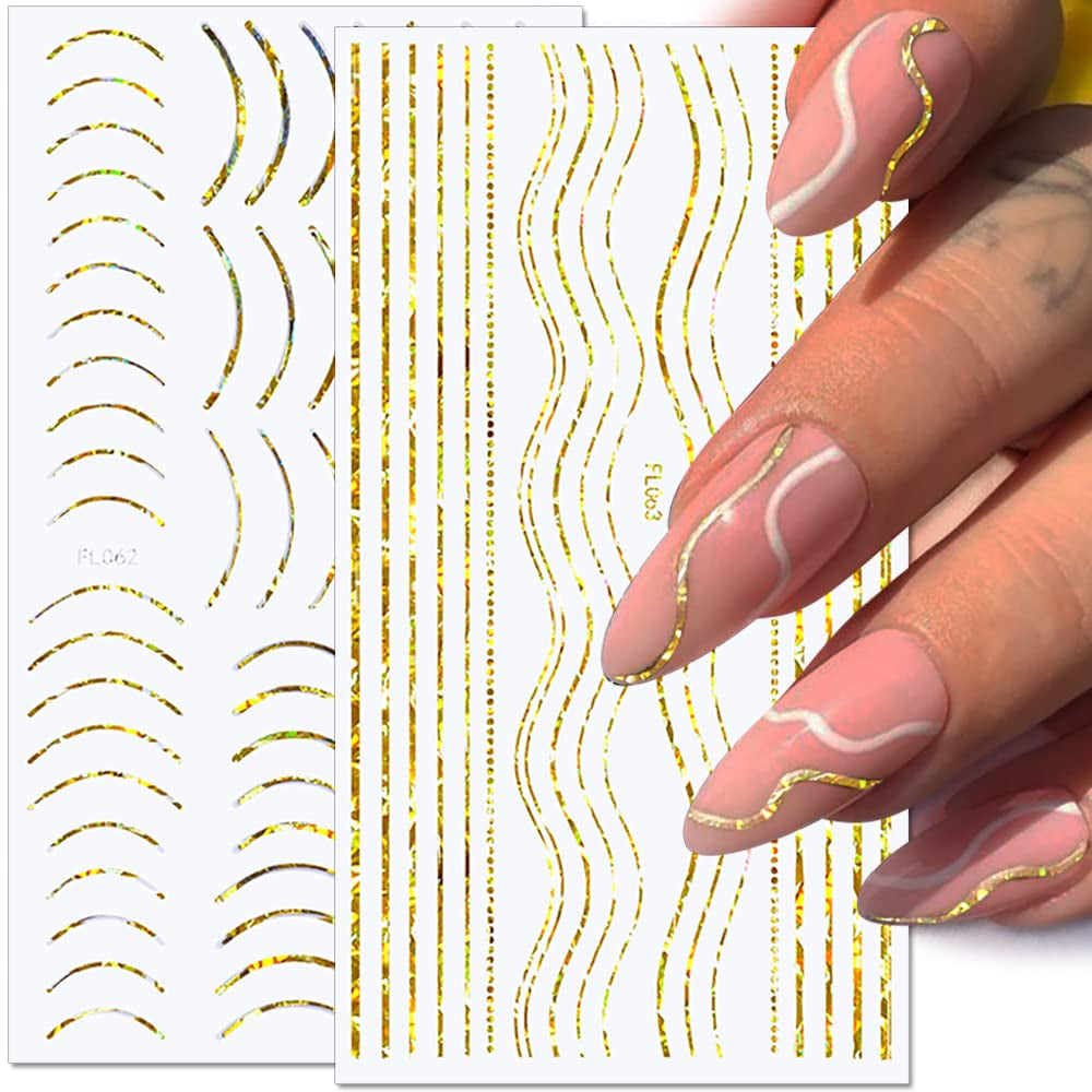 12 Blatt Laser-Glitzerlinien, selbstklebende Nagelaufkleber, holografische Aufkleber, bronzefarbene Streifen, Nagelaufkleber, französische Linie, gebogene Bögen, Wellenlinien, Nagelaufkleber, Nagelkunst-Zubehör