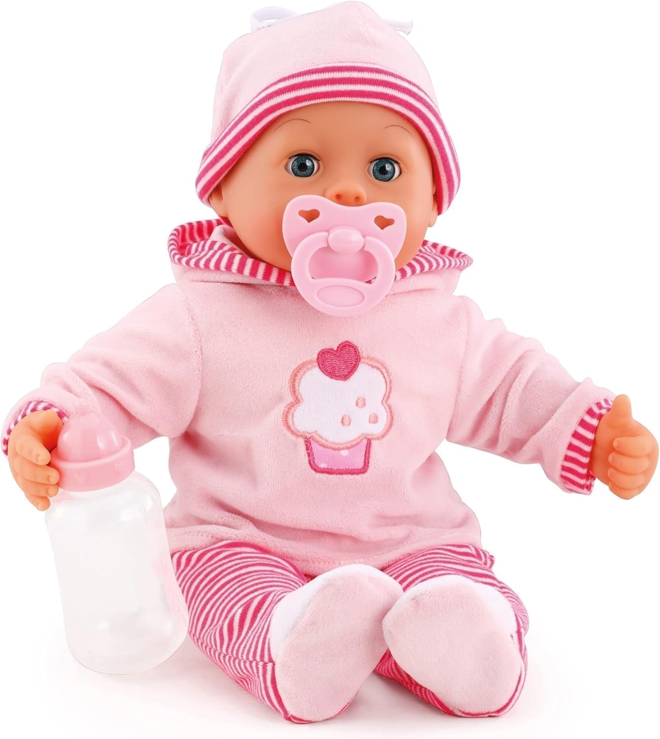 Erste Worte Puppe mit Schlafaugen spricht 24 Babygeräusche mit Puppe und Flasche 38 cm Rosa/Streifen Naty Shop Einzelpuppen