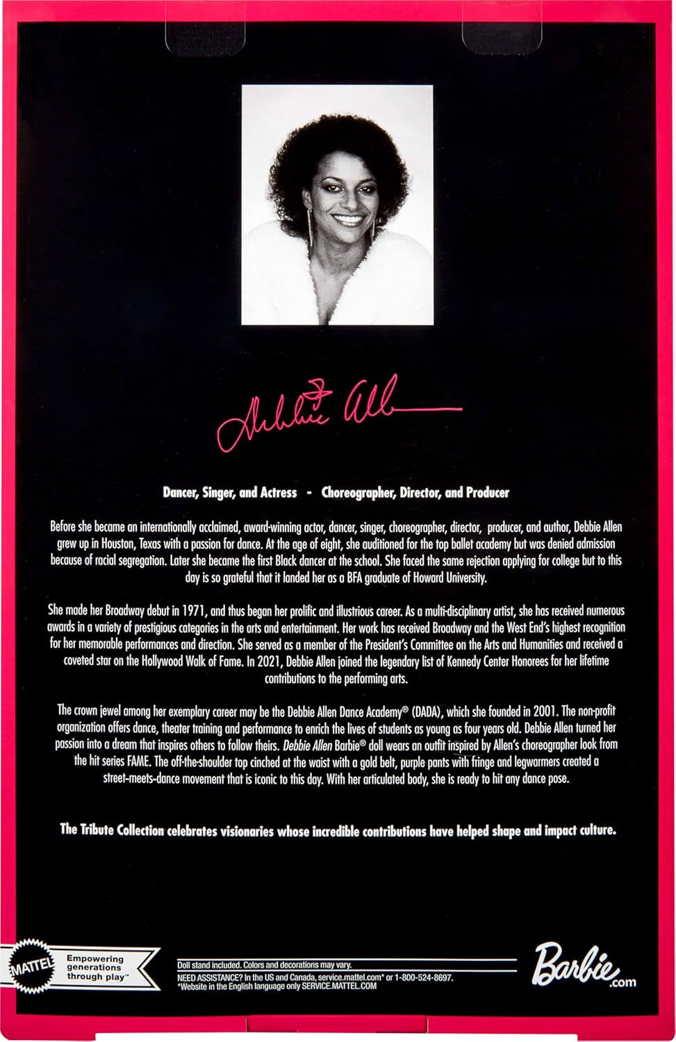 Barbie Signature Debbie Allen Tribute Collection Puppe mit schulterfreiem Oberteil, goldenem Gürtel und lila Fransenhosen und Leggings, JBJ24