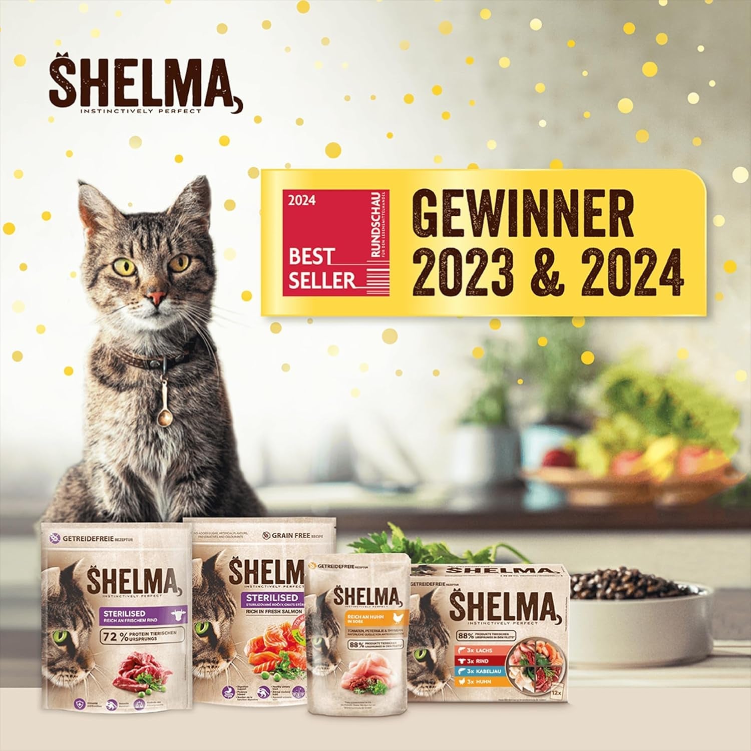 Shelma Nasses Katzenfutter Megapack mit Rind, Truthahn, Huhn und Ente – getreidefreies Vollfutter mit hohem Fleischanteil – 40 x 85 g (3,4 kg)
