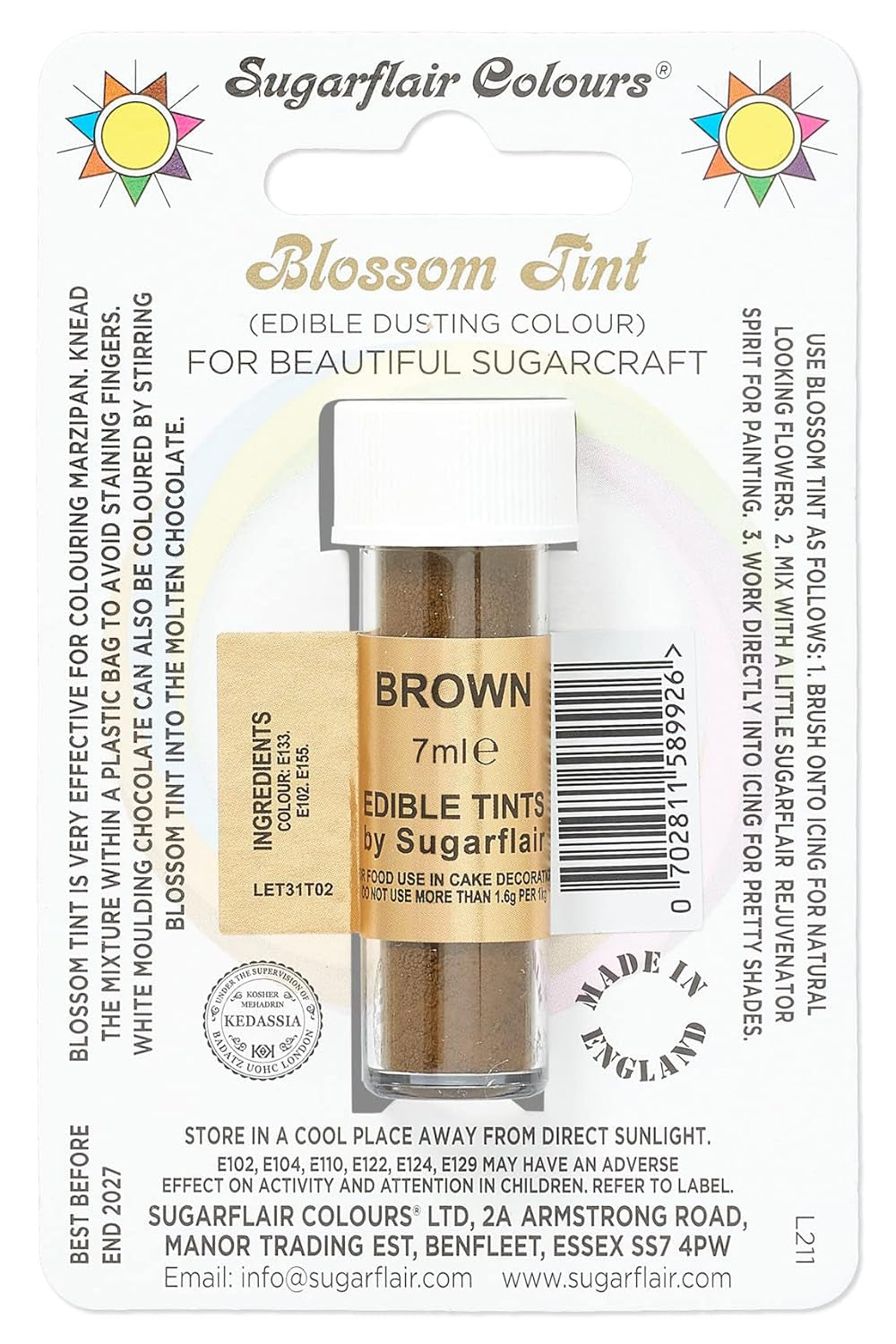 Lebensmittelfarbpulver Sugarflair Blossom Tint Dusting braun – Lebensmittelfarbpulver zum Dekorieren von farbiger Zuckerpaste, Fondant, Glasur, Schokolade, Buttercreme, Makronen – 7 ml