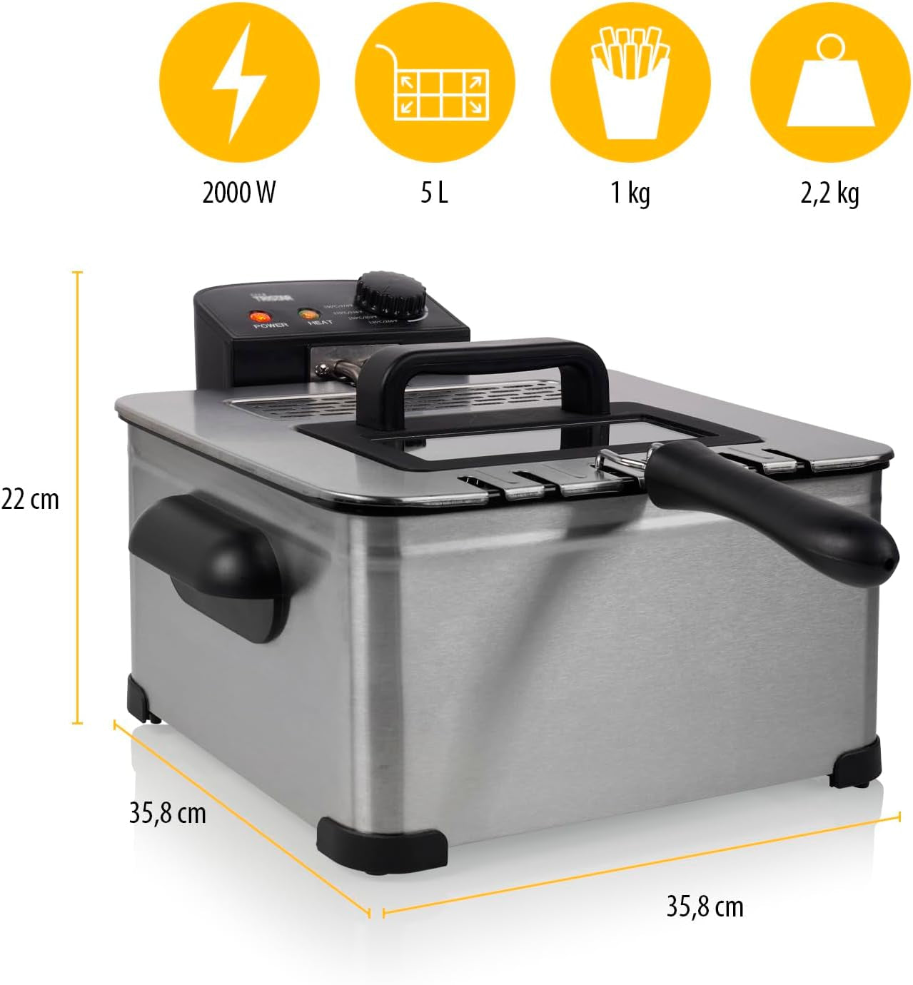 Tristar-Fritteuse, 1 großer Korb und 2 kleine Körbe, einstellbarer Thermostat, Kühlzone, 5 Liter, 2000 W, FR-6949 Appliances Naty Shop