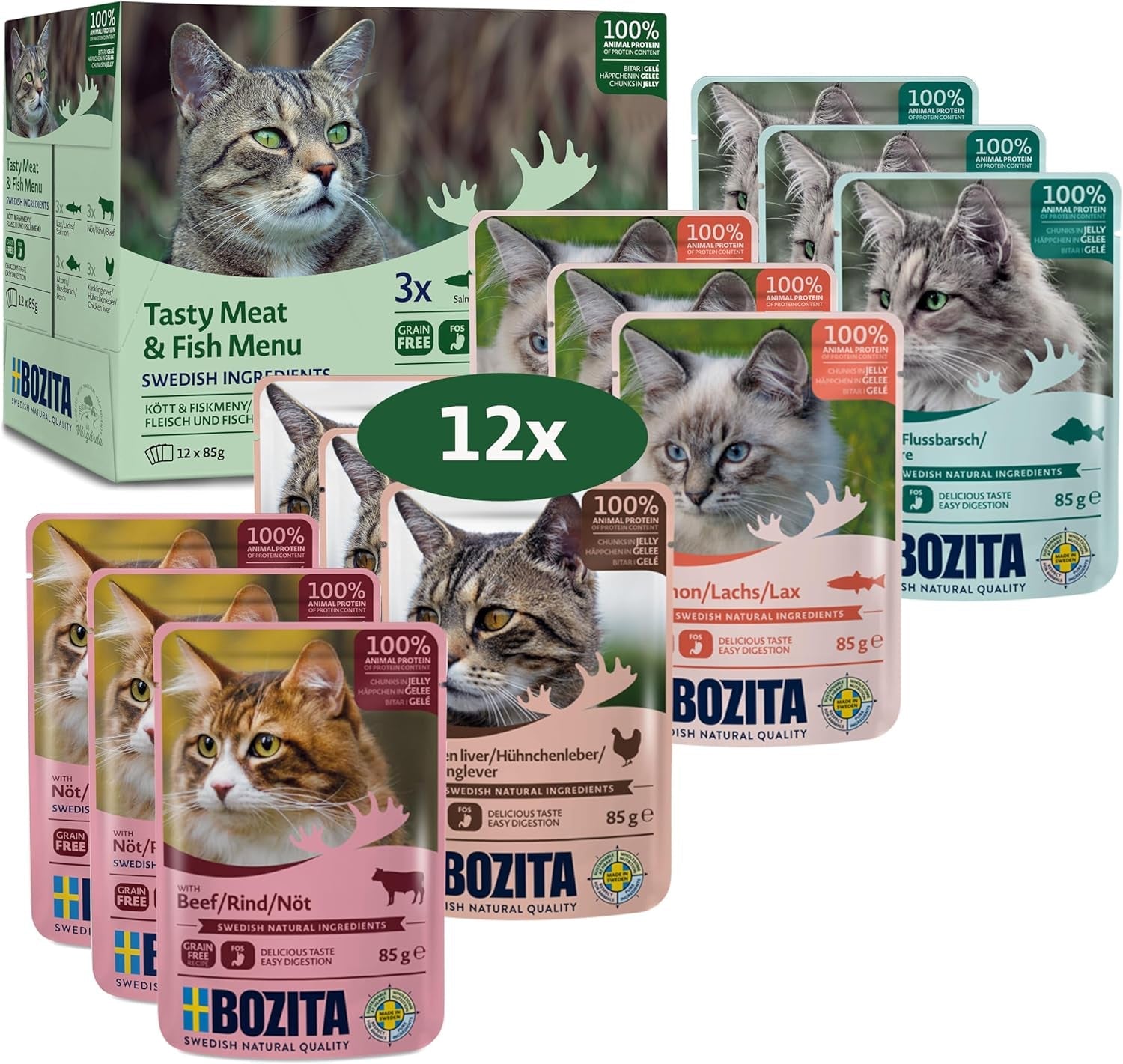 Bozita Nassfutterstücke in Gelee mit Fisch und Fleisch – 12 Beutel x 85g, getreide- und weizenfreies Katzenfutter – Nassfutter für ausgewachsene Katzen mit 8,5 % Protein und 4,5 % Fett
