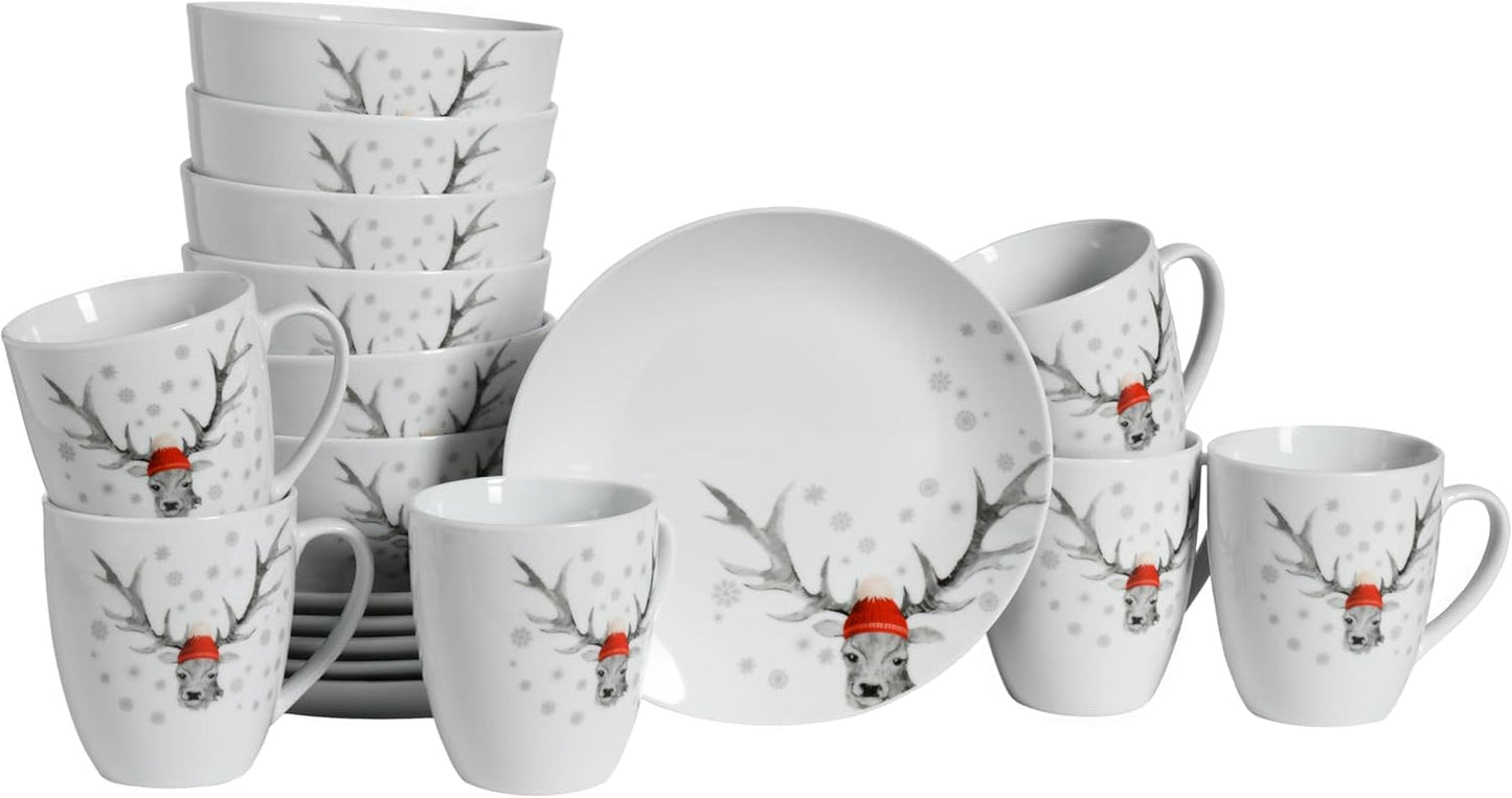 CreaTable, 21498, Serie Luna Hirsch, 18-teiliges Geschirrset für 6 Personen, Frühstücksset aus Porzellan, spülmaschinen- und mikrowellenfest, hochwertige Herstellung