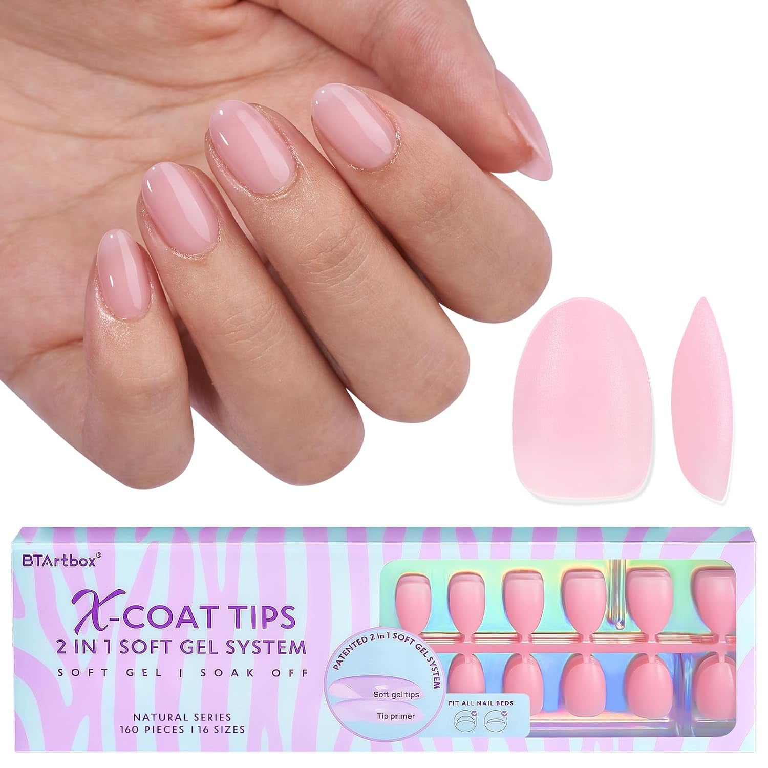 Btartbox Extra kurze weiche Gel-Nägel, vollständige Abdeckung, kurze Mandel-Nagelspitzen, 160 Stück, vorgefertigte XCOATTIPS künstliche Nägel, kurze Mandel-Nagelspitzen für Nagelverlängerungen