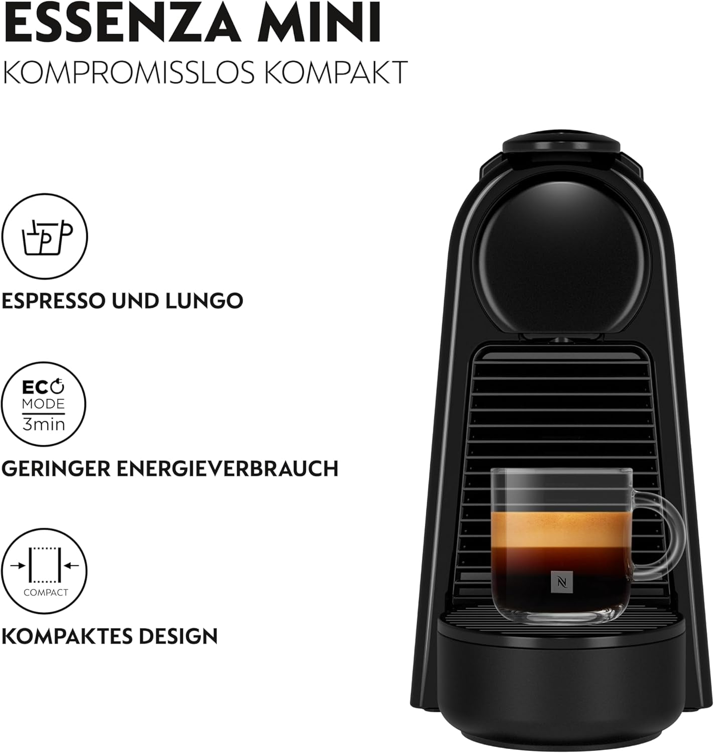 Espressomaschine mit Nespresso De'Longhi Essenza Mini Kapseln, schwarz | Pumpendruck 19 bar | Wassertank 0,6 l | Für Espresso und Lungo | Kleine Espressomaschine – Große Kaffeemomente | EN85.B