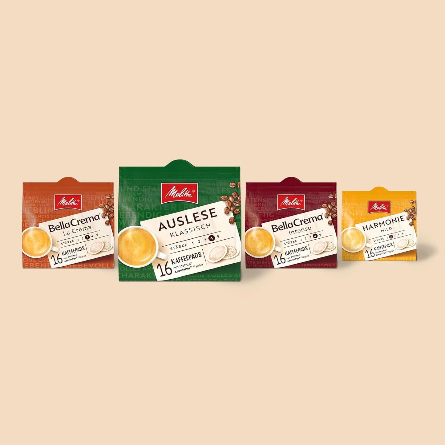 Melitta BellaCrema La Crema gemahlener Röstkaffee in Kaffee-Pads 10 x 16 Pads, Kaffeepads für Pad-Maschine, mittlere Röstung, geröstet in Deutschland, Stärke 3, im Tablett