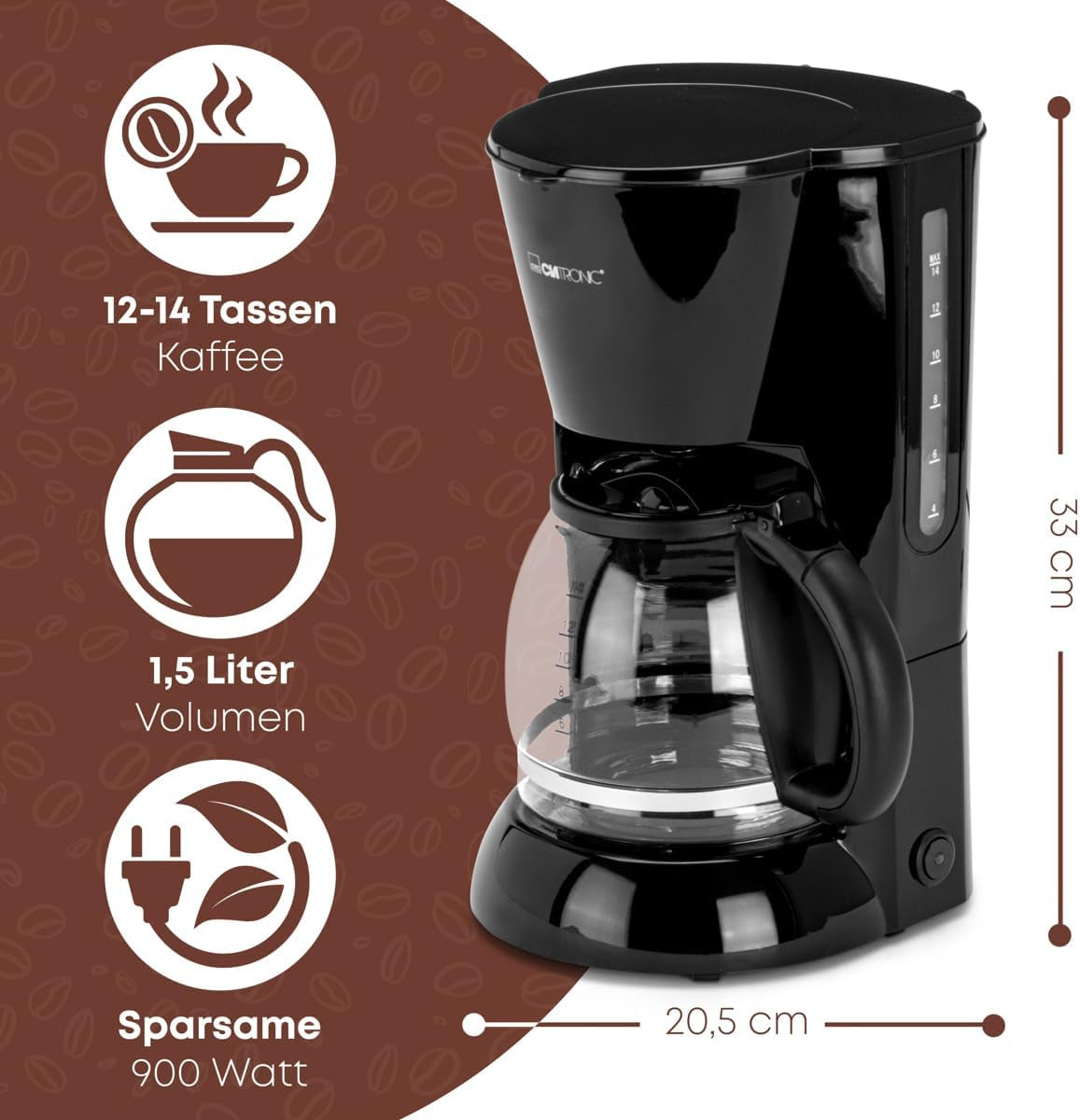 Clatronic® Espressomaschine | Automatische Espressomaschine für 12-14 Tassen (ca. 1,5 Liter) | Espressomaschine mit Filter und Anti-Tropf-System | 900W | Espressor KA 3473 Schwarz